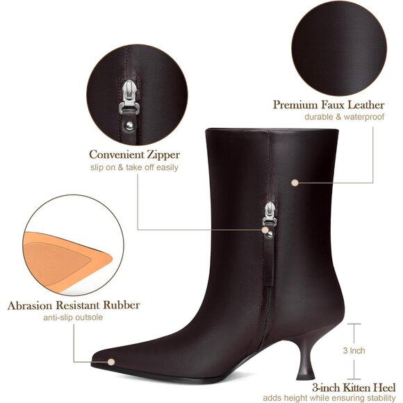 Women Brown Kitten Heel Pointed Toe Stiletto Faux Leather Mid Calf Ankle Booties - Picture 3 of 7